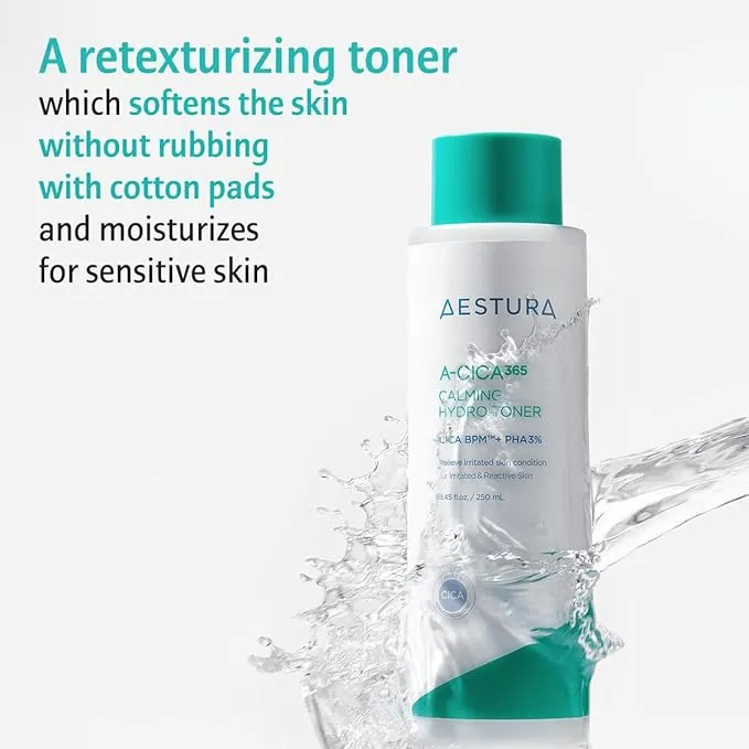 AESTURA A-CICA365 Calming Hydro Toner, Daily Soothing Toner for Sensitive Skin, CICA BPM Complex, PHA 3%, Dead Skin Cell Care, Dermatologist Tested, Korean Skin Care, 8.56 Fl Oz.