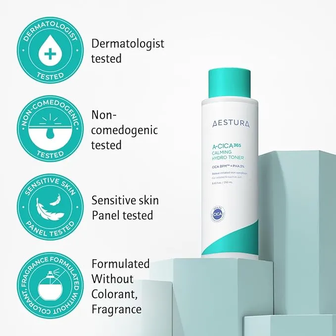 AESTURA A-CICA365 Calming Hydro Toner, Daily Soothing Toner for Sensitive Skin, CICA BPM Complex, PHA 3%, Dead Skin Cell Care, Dermatologist Tested, Korean Skin Care, 8.56 Fl Oz.