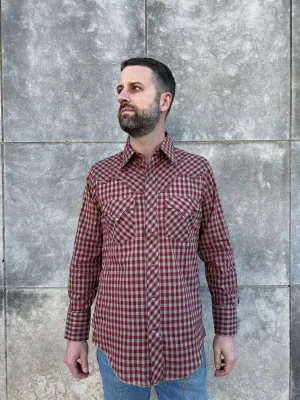 Mens 80s Red Tan Gingham Plaid Long Sleeve Western Shirt, Tem Tex