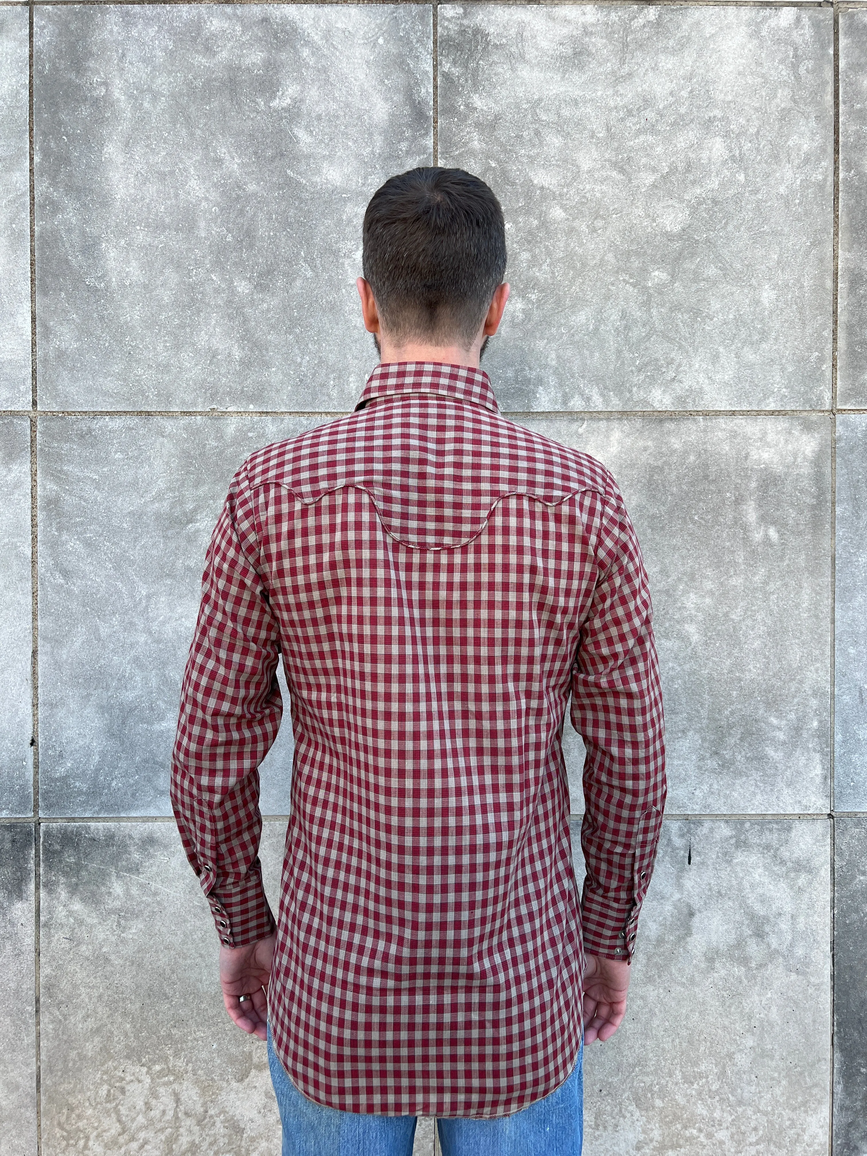 Mens 80s Red Tan Gingham Plaid Long Sleeve Western Shirt, Tem Tex