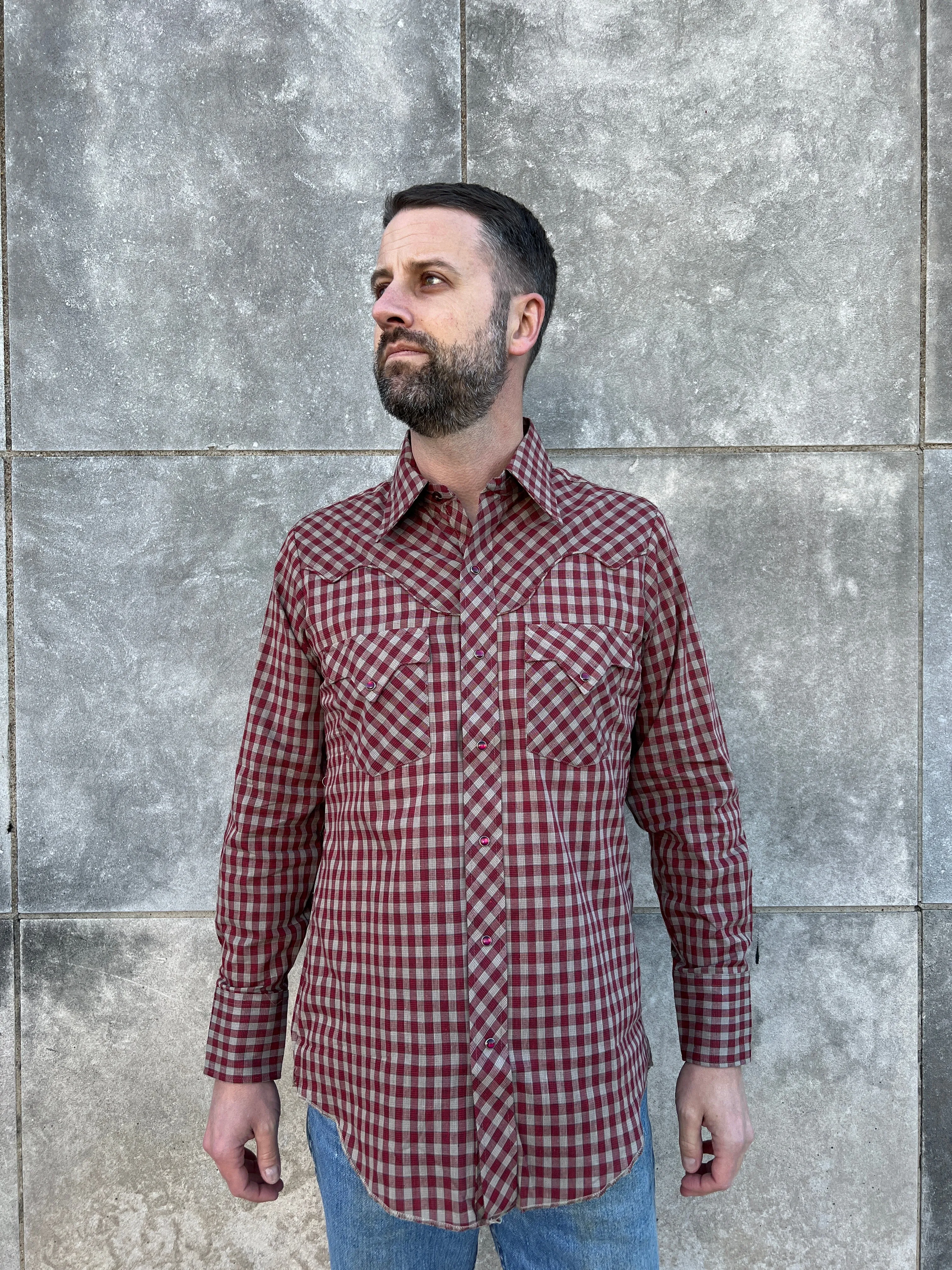 Mens 80s Red Tan Gingham Plaid Long Sleeve Western Shirt, Tem Tex